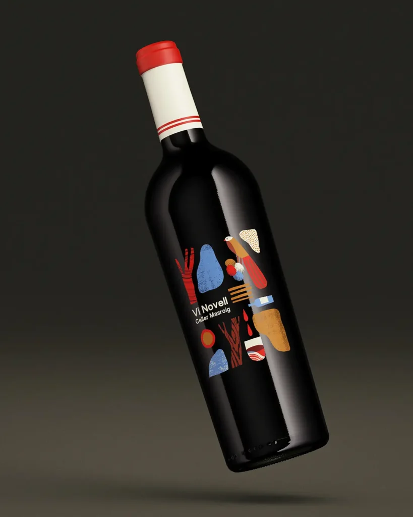 Ilustraciones y diseño de packaging para etiqueta de vino Vi Novell por Noé Aceitón