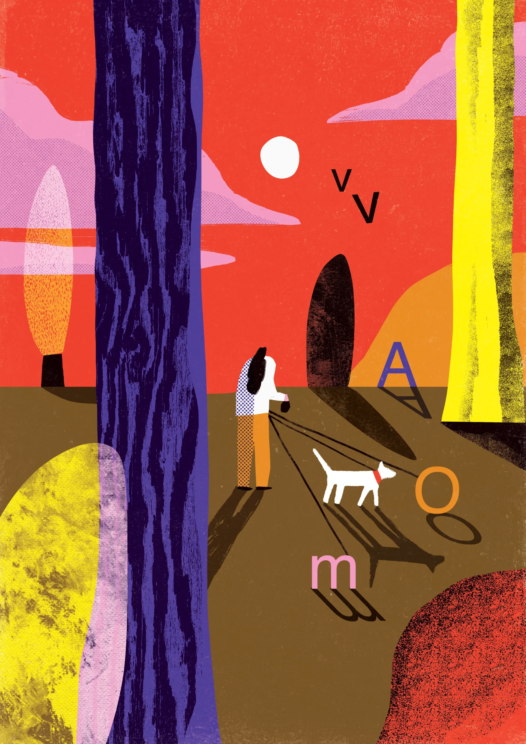 Ilustración colorida y minimalista jugando con texturas sobre la vida de los perros