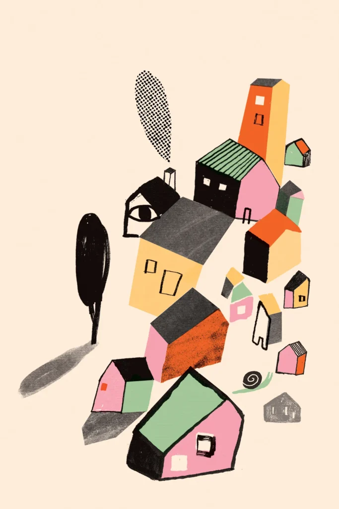 Ilustración estilo minimalista colores pastel de una villa por soynok